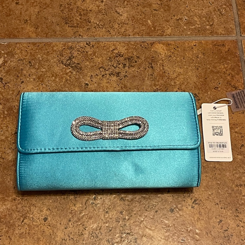 Elegant Blue Satin Clutch with Rhinestone Bow